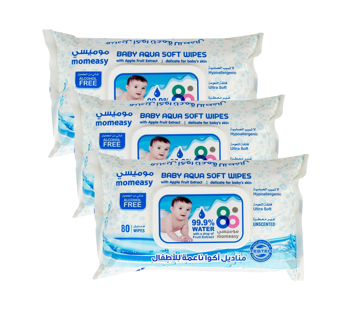 مناديل مبللة ناعمة من موم إيزي بيبي أكوا، 80 منديل، 2+1