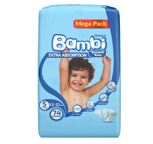 Sanita Bambi Baby Diaper Mega Pack Size 5 Extra Large 12-22 kg 74 pcs