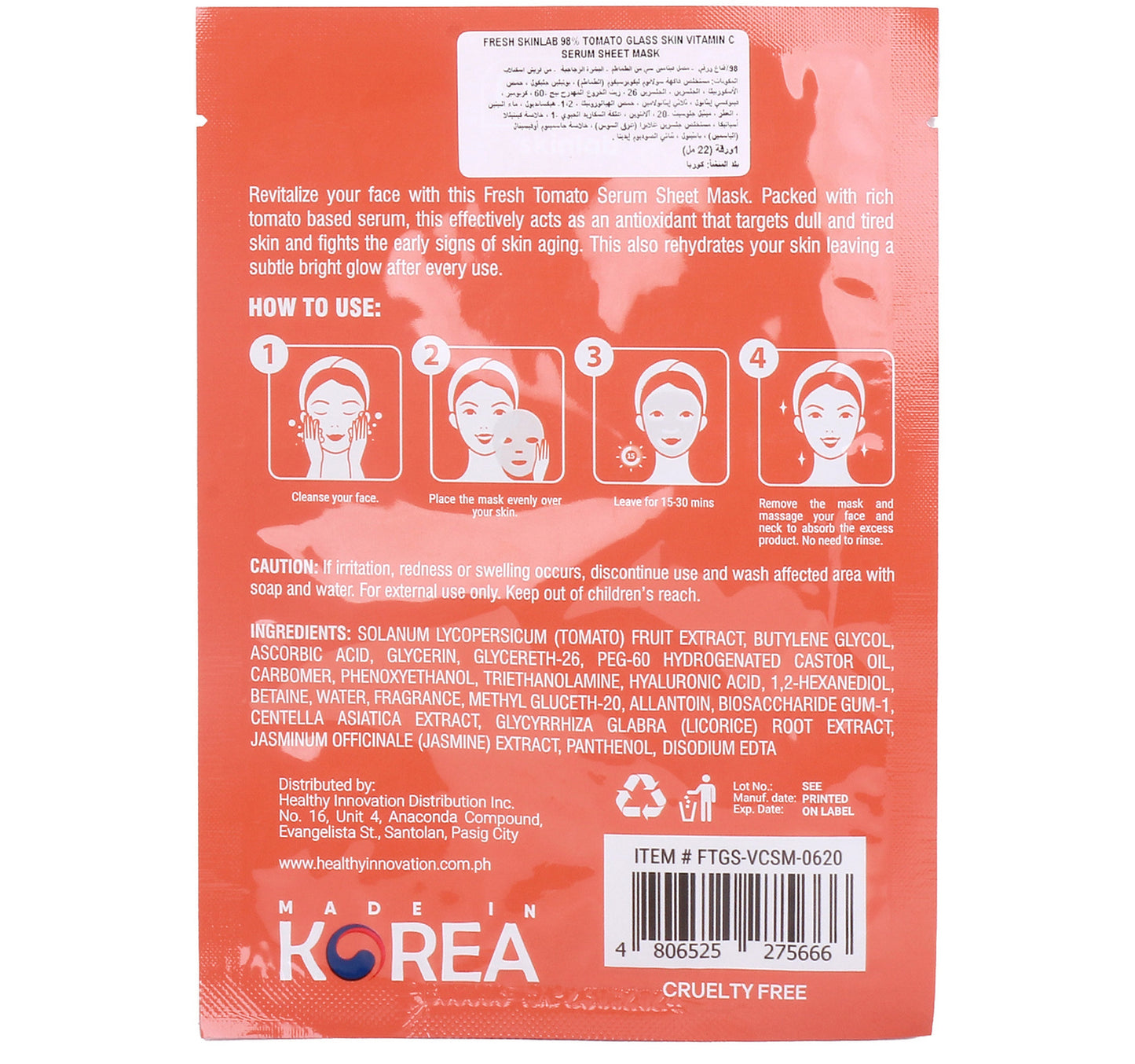 Fresh Skinlab 98% Tomato Glass Skin With Vitamin C Serum Sheet Mask 1 pc