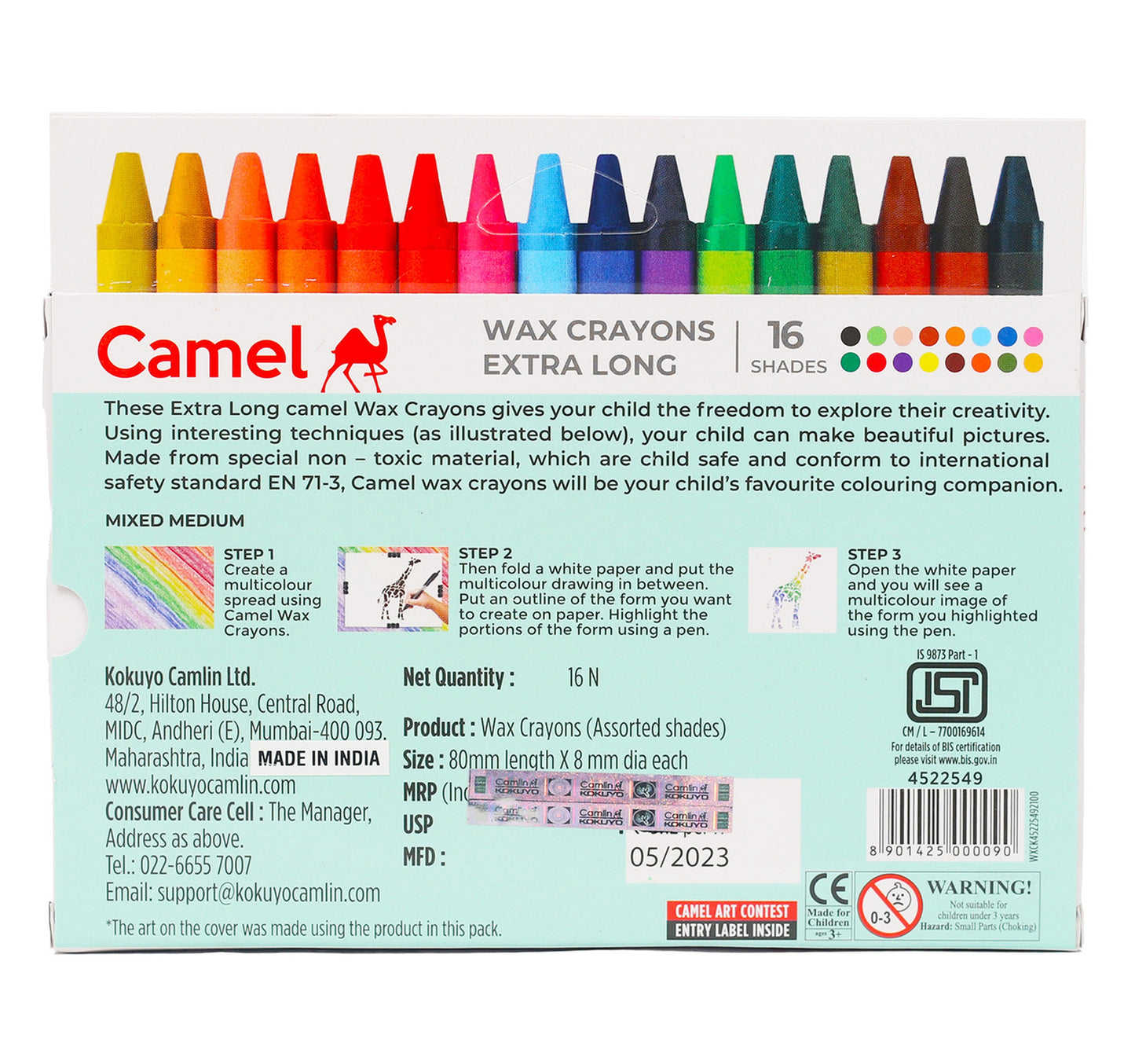 Camel Wax Crayons Extra Long 16 Shades