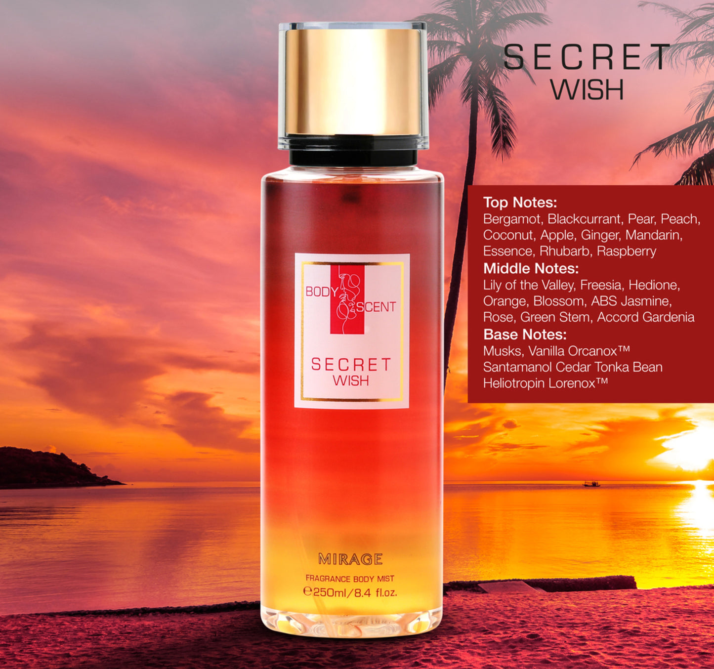 Body Scent Mirage Fragrance Body Mist for Women, Secret Wish, 250 ml