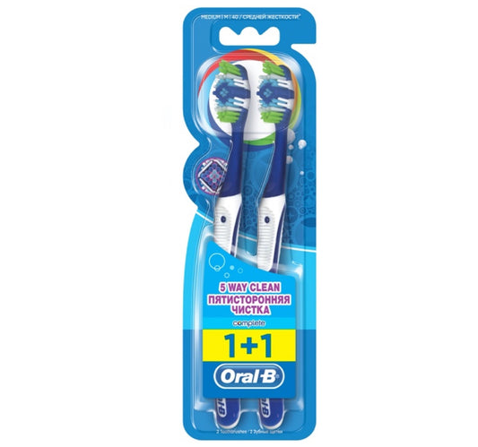 فرشاة أسنان أورال-بي كومبليت 5 واي كلين متوسطة يدوية، ألوان متنوعة 1+1