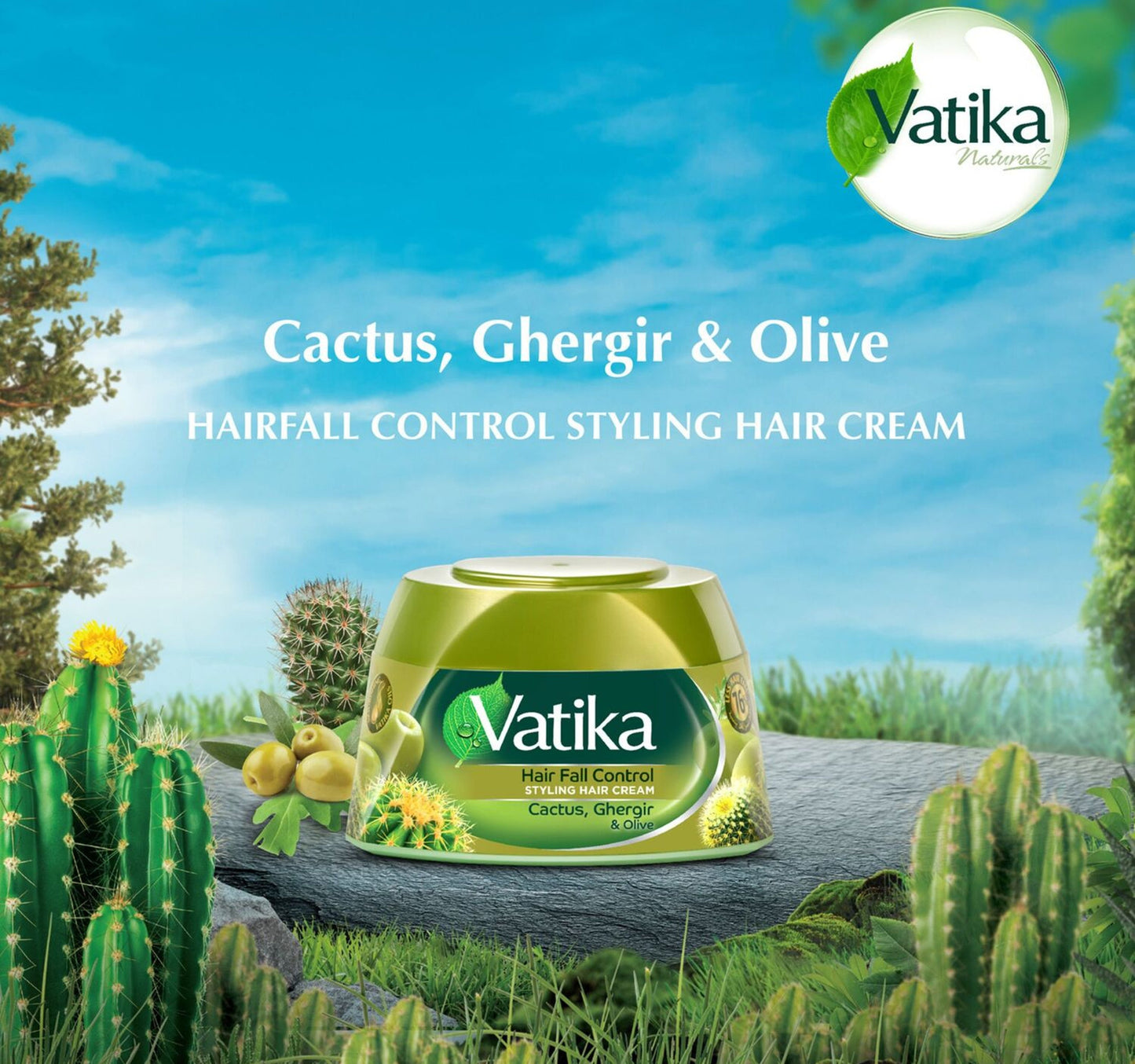 Vatika Naturals Hair Fall Control Styling Hair Cream Ghergir Cactus & Olive Strengthens & Nourishes Weak Hair 210 ml