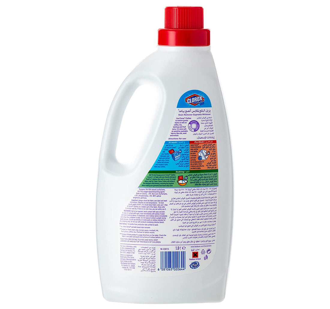 Clorox Liquid Stain Remover Supreme Whitener For White Clothes 1.8 Litres