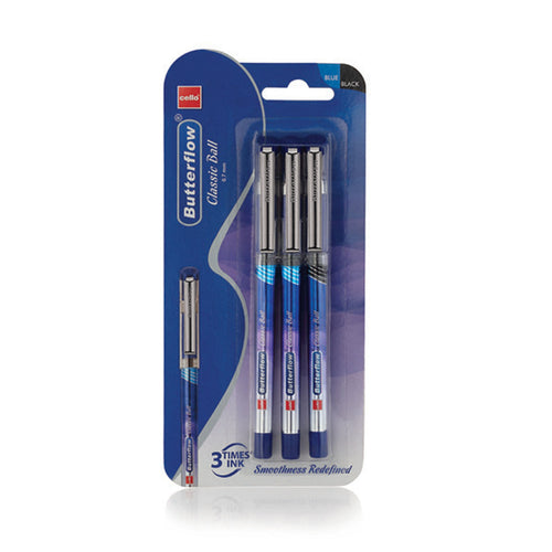 Cello Butter Flow Classic Ball Pen 0.7mm Blister of 3 Pcs (2Blue + 1 Black), 3BPA