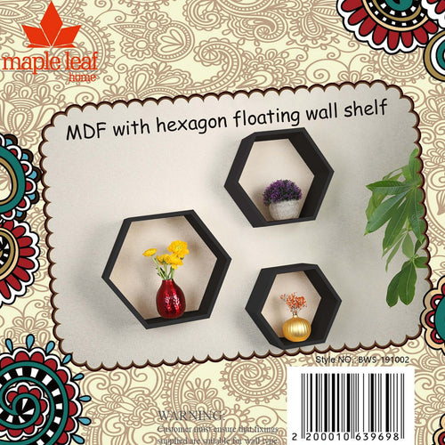 Maple Leaf Home MDF Wood Hexagon Floating Wall Shelf, Black, 19102P