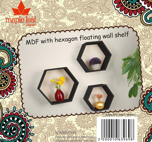 Maple Leaf Home MDF Wood Hexagon Floating Wall Shelf, Black, 19102P
