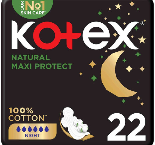 فوط صحية ليلية سميكة ماكسي بروتيكت من كوتكس، مصنوعة من القطن بنسبة 100%، بأجنحة، 22 قطعة
