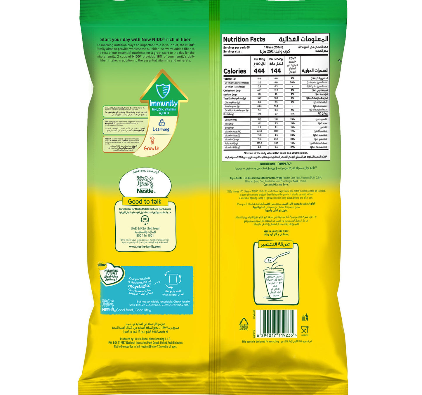 Nestle Nido Fortified Milk Powder Rich in Fiber Pouch 2250 g