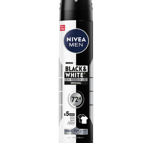 مزيل عرق نيفيا للرجال للأسود والأبيض، بخاخ أصلي غير مرئي، حماية فعالة تدوم 72 ساعة، 200 مل