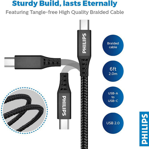 Philips USB-A to USB-C Braided Cable 2M DLC5206A/00 (Black)
