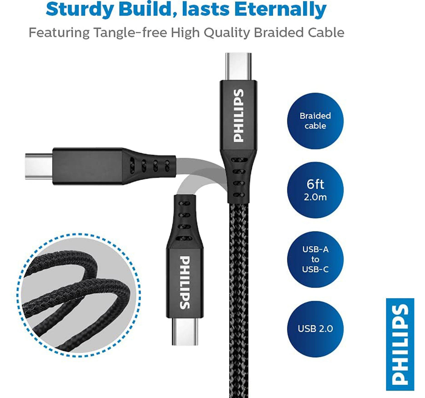 Philips USB-A to USB-C Braided Cable 2M DLC5206A/00 (Black)