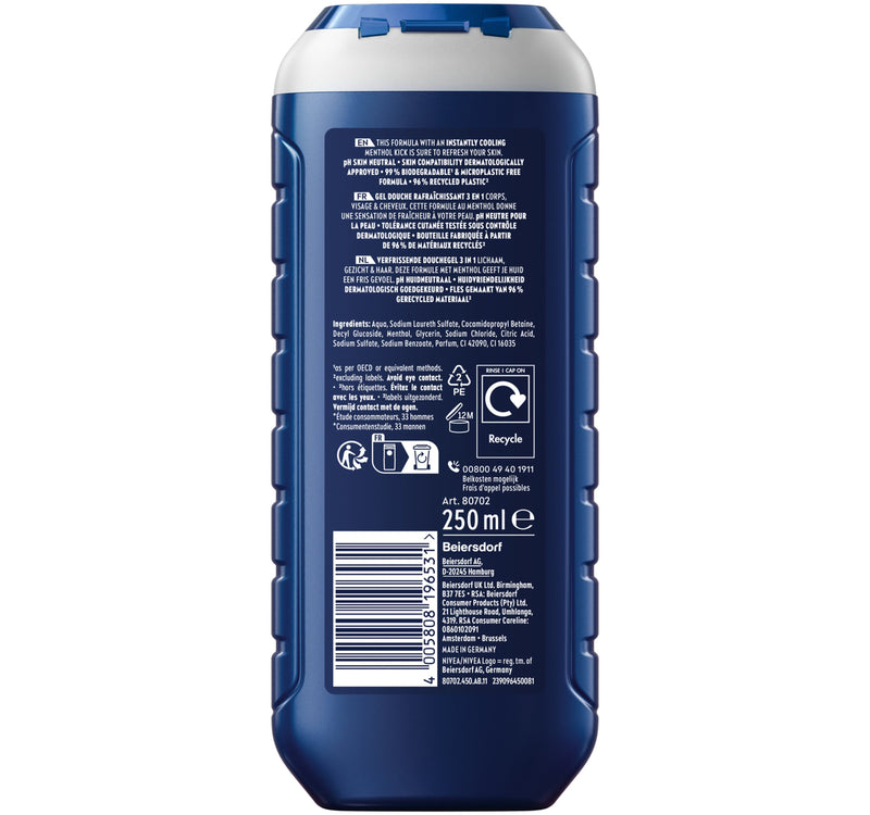 Nivea Men Cool Kick Shower Gel 3in1 Body Wash 250 ml