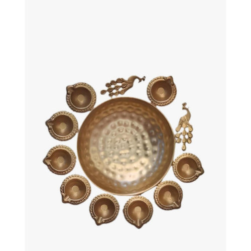 Maple Leaf Decorative Metal Diya Traditional Peacock Thali 22.5cm