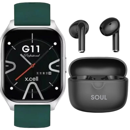 X.Cell G11 Pro Smartwatch, 2.01 inches HD Display, Green + Soul 17 Pro True Wireless Earbuds, Assorted Lulu Hypermarket