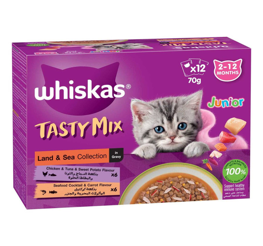 Whiskas Tasty Mix Junior Catfood Land & Sea Collection In Gravy From 2-12 Months 12 x 70 g