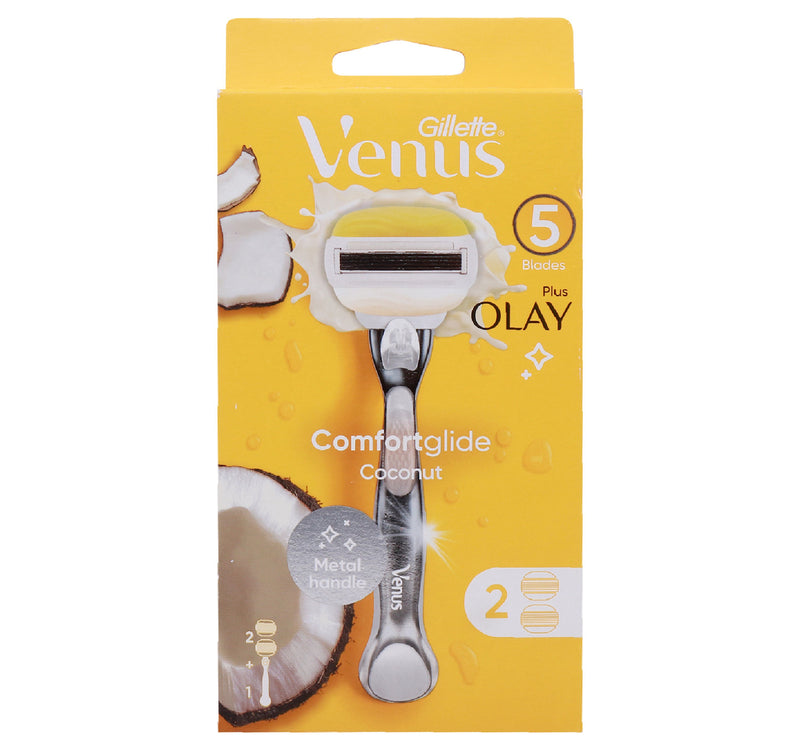 Gillette Venus 5 Blades Plus Olay Comfortglide Coconut Metal Handle + 2 Cartridge