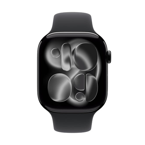 ساعة Apple Watch Series 11 الذكية بنظام تحديد المواقع العالمي (GPS)، هيكل من الألومنيوم باللون الأسود الفاحم مقاس 46 مم مع سوار رياضي أسود (صغير/متوسط)، MEUW4AF/A