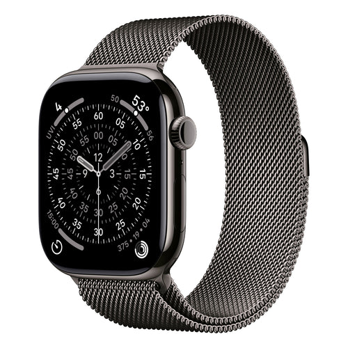 ساعة Apple Watch Series 11 الذكية بنظام تحديد المواقع العالمي (GPS) وشبكة خلوية، هيكل من التيتانيوم الرمادي مقاس 46 مم مع حلقة ميلانو رمادية (M/L)، MFD44AF/A