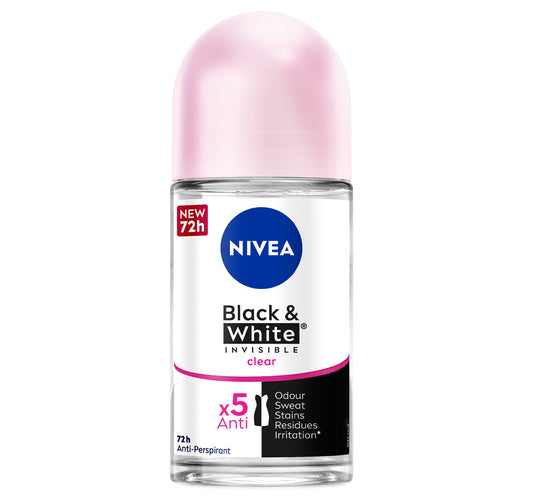 Nivea Black & White Invisible Antiperspirant Roll-On Deodorant for Women Clear 72H Active Protection 50 ml