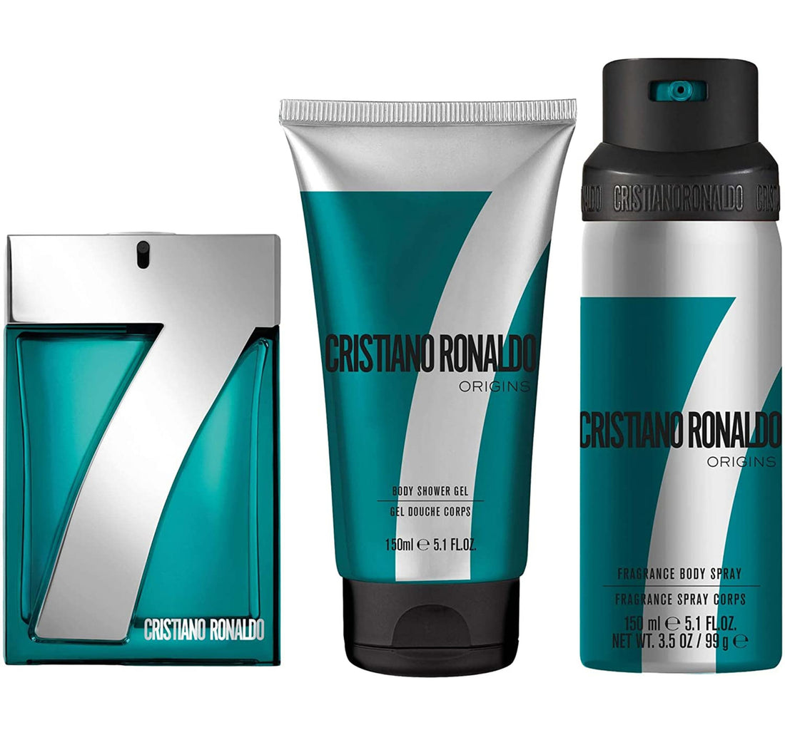 Cristiano Ronaldo 7 Origins Gift Set Eau de Toilette For Men,100 ml + Body Spray 150 ml + Shower Gel 150 ml