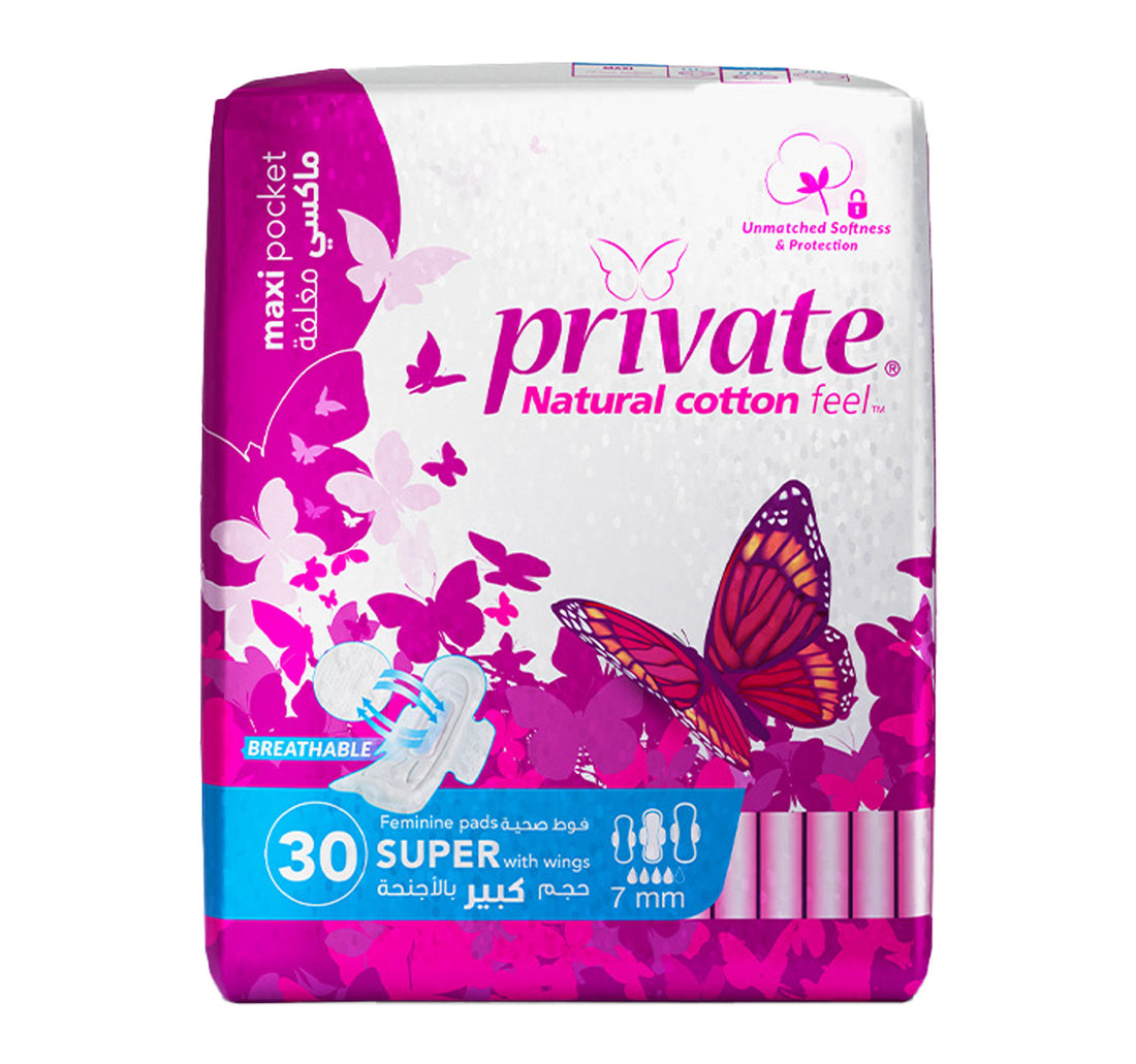 Private Natural Cotton Feel Maxi Thick Folded Super Sanitary Pads with Wings 30 pcs