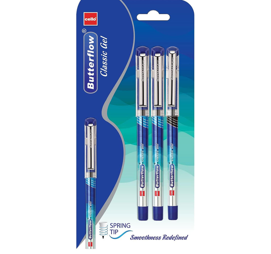 Cello Butter Flow Classic Gel Pen 0.7mm Blister of 3 Pcs (2Blue + 1 Black), 3GPA