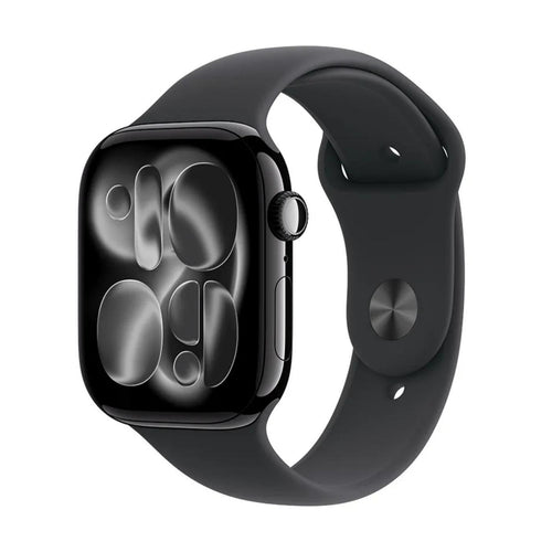ساعة Apple Watch Series 11 الذكية بنظام تحديد المواقع العالمي (GPS) وشبكة خلوية، هيكل من الألومنيوم باللون الأسود الفاحم مقاس 46 مم مع سوار رياضي أسود (صغير/متوسط)، MFC24AF/A