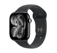 ساعة Apple Watch Series 11 الذكية بنظام تحديد المواقع العالمي (GPS) وشبكة خلوية، هيكل من الألومنيوم باللون الأسود الفاحم مقاس 46 مم مع سوار رياضي أسود (صغير/متوسط)، MFC24AF/A