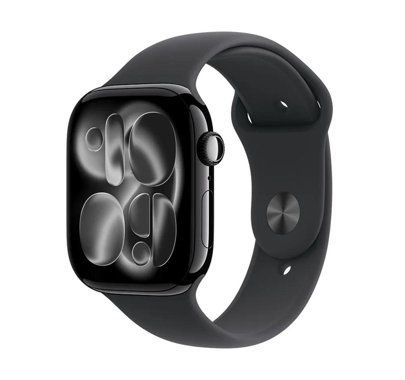 ساعة Apple Watch Series 11 الذكية بنظام تحديد المواقع العالمي (GPS) وشبكة خلوية، هيكل من الألومنيوم باللون الأسود الفاحم مقاس 46 مم مع سوار رياضي أسود (صغير/متوسط)، MFC24AF/A