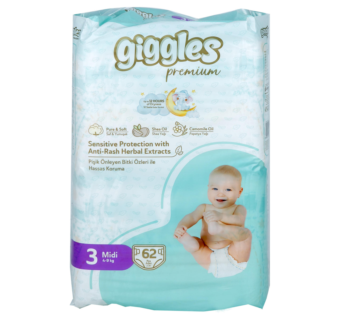 Giggles Premium Baby Diaper Size 3 Medium 4-9 kg 62 pcs