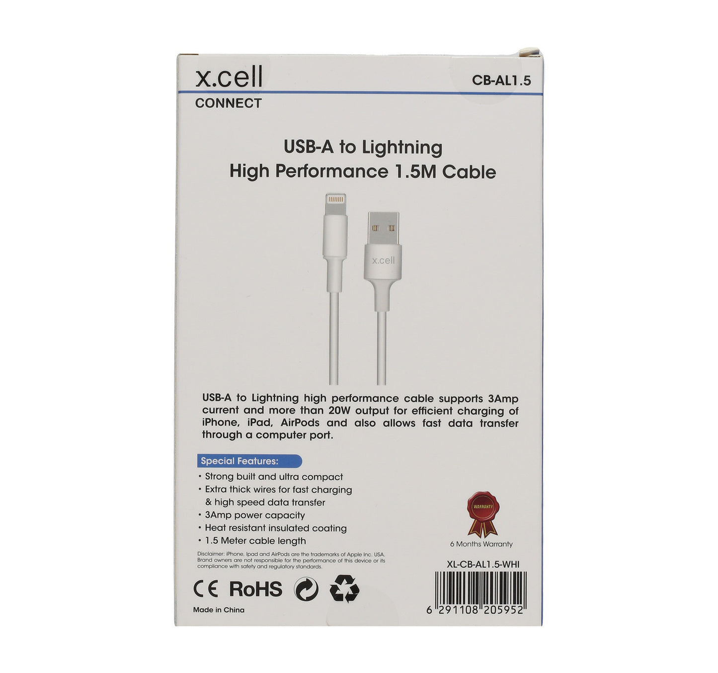 X Cell USB-A Lightning Cable CBAL1.5 White