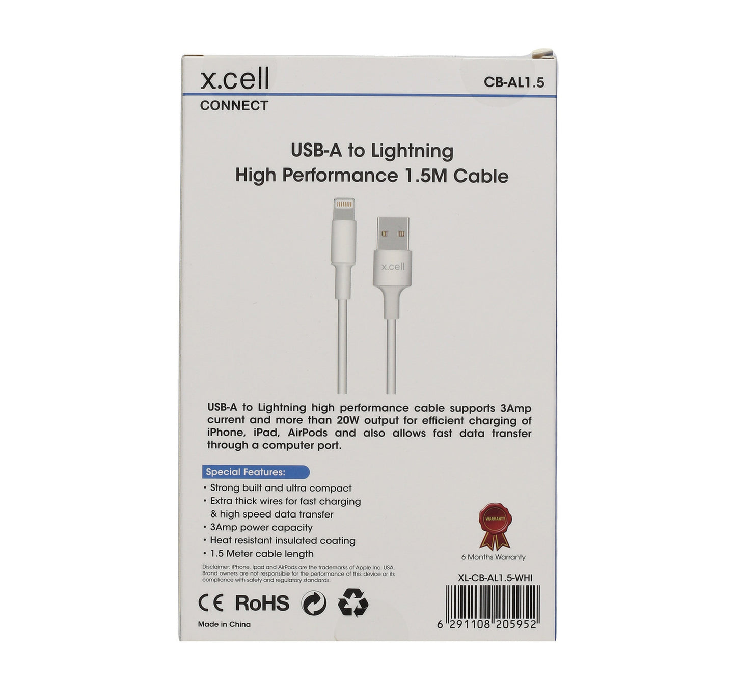 X Cell USB-A Lightning Cable CBAL1.5 White