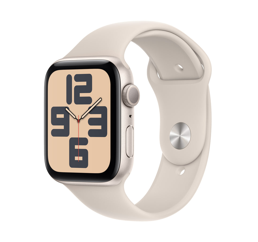 ساعة Apple Watch SE الذكية بنظام تحديد المواقع العالمي (GPS)، هيكل Starlight من الألومنيوم مقاس 44 مم مع سوار Starlight الرياضي، مقاس صغير/متوسط، MRE43