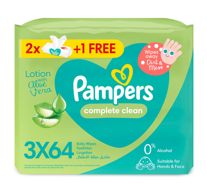 Pampers Complete Clean Baby Wipes with Aloe Vera Lotion for Hands & Face 64 pcs 2+1