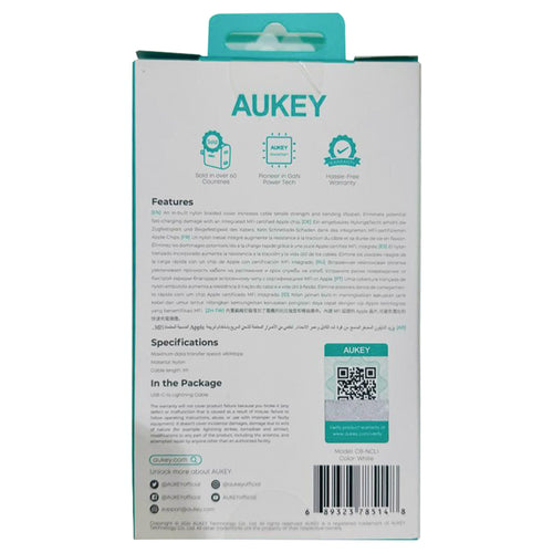 Aukey Nylon Braided USB C to Lightning Cable, 1m, White, CB-NCL1