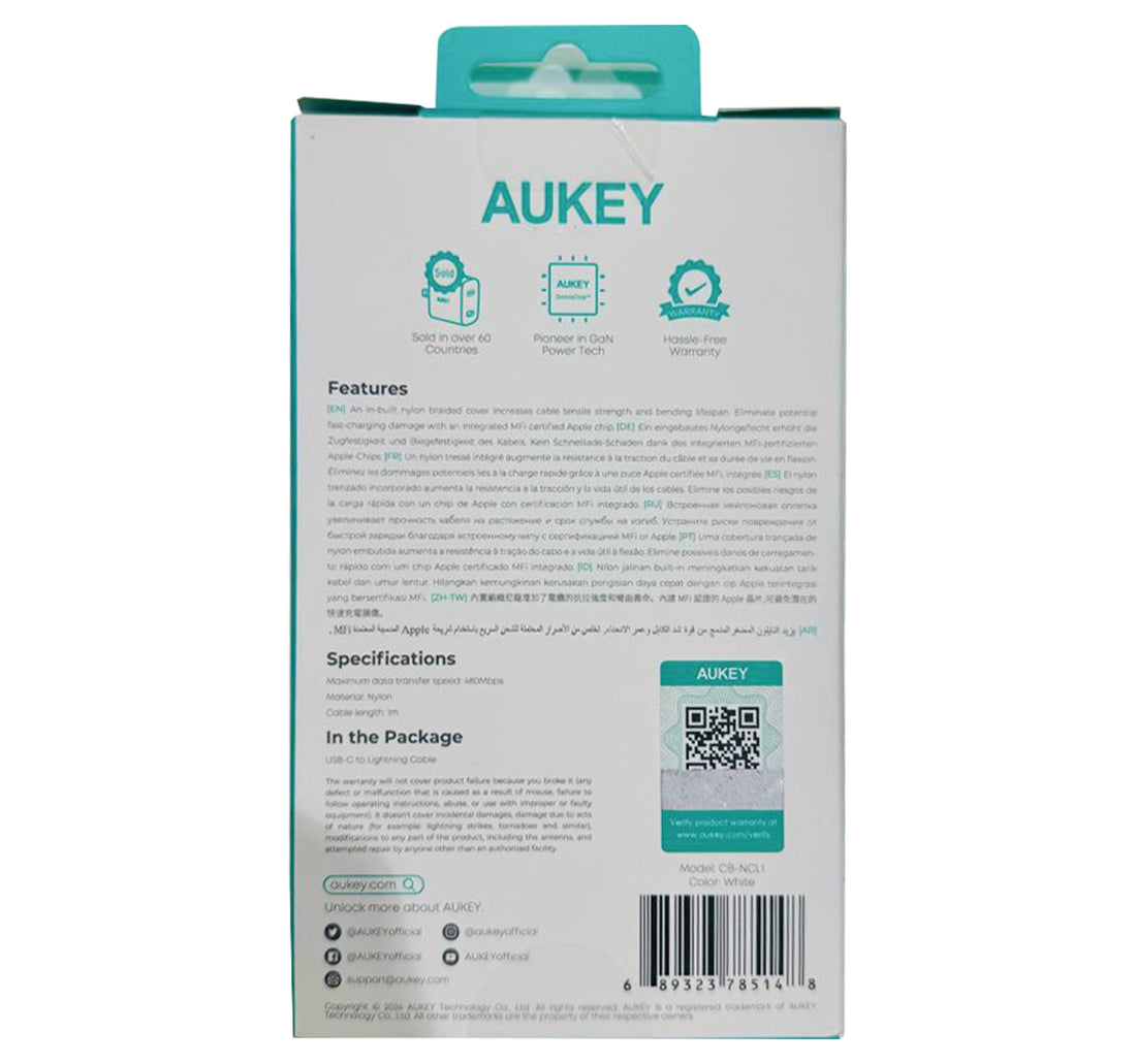 Aukey Nylon Braided USB C to Lightning Cable, 1m, White, CB-NCL1