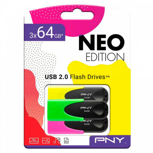 PNY USB Sticks NEO Edition Yellow,Green,Pink 64 GB 3 pieces