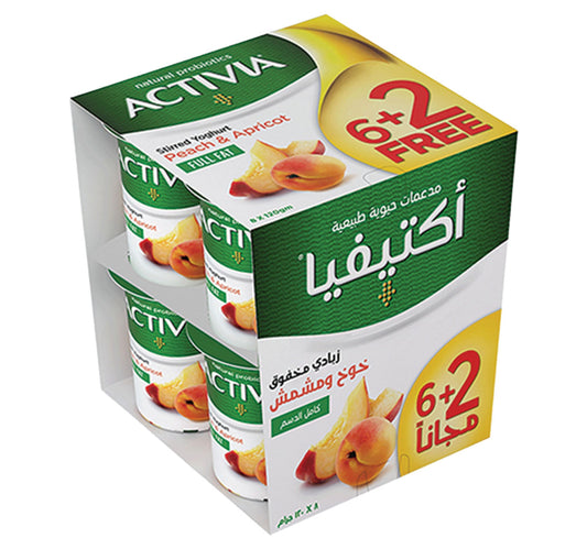 زبادي أكتيفيا المخفوق كامل الدسم بنكهة الخوخ والمشمش، عبوة اقتصادية، 8 × 120 جم