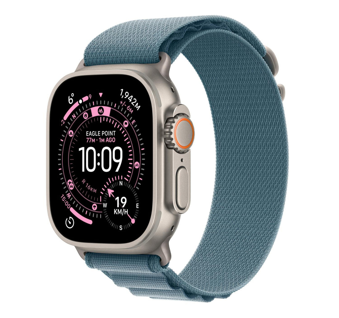 Apple Watch Ultra 3 GPS + Cellular Smartwatch, 49 mm Natural Titanium Case with Light Blue Alpine Loop (M), MEWM4AF/A