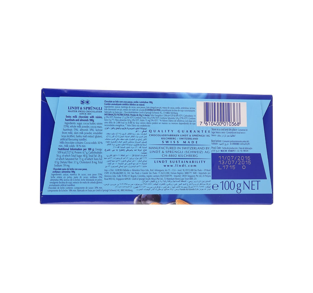 Lindt Swiss Milk Chocolate With Raisins & Nuts 100 g