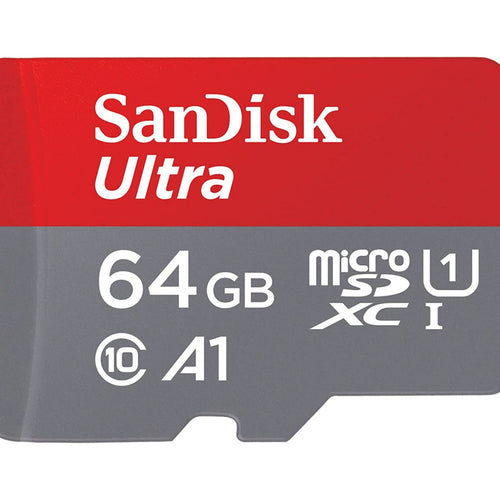 بطاقة ذاكرة SanDisk Ultra UHS I MicroSD، سعة 64 جيجابايت، سرعة نقل بيانات 140 ميجابايت/ثانية، رمادي/أحمر، SDSQUAB-064G-GN6MN