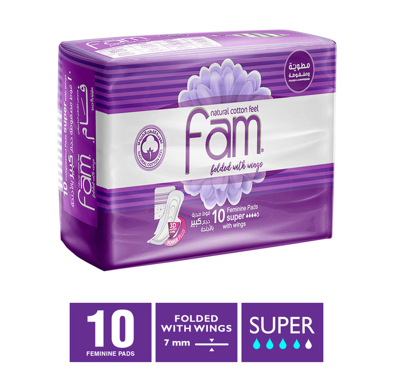 Fam Natural Cotton Feel Maxi Thick Folded with Wings Super Sanitary 10pcs