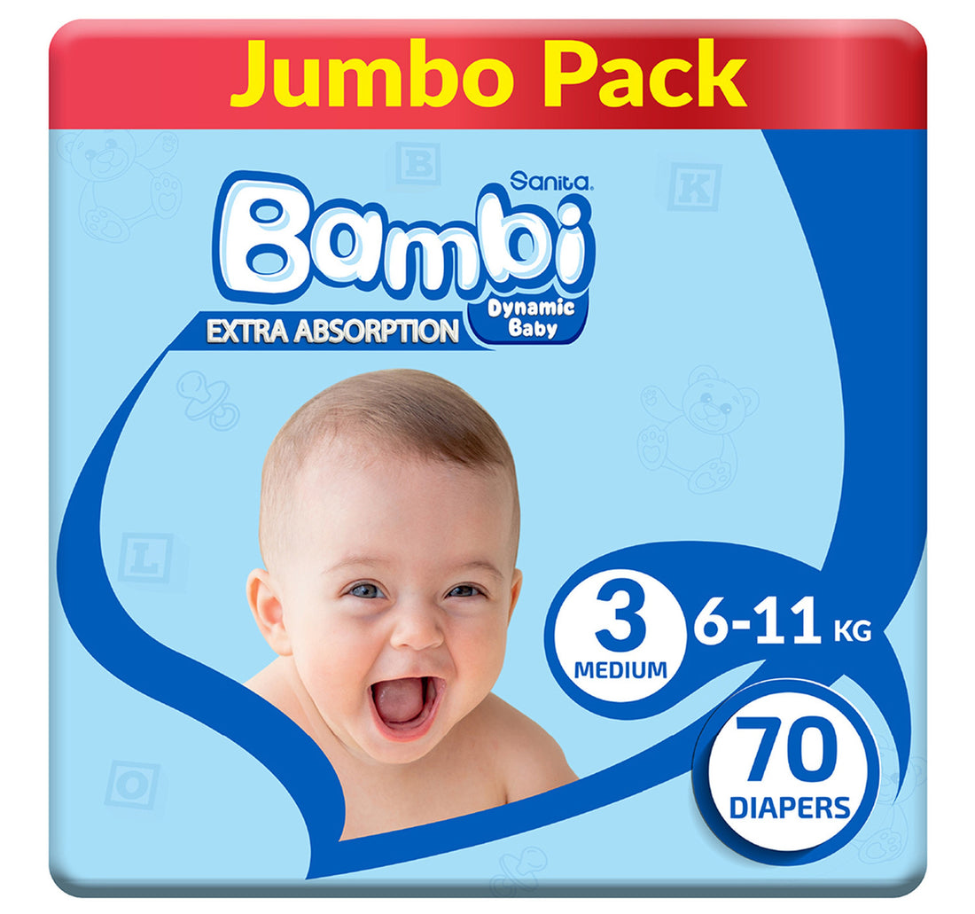 حفاضات أطفال سانيتا بامبي جامبو، مقاس 3، متوسط، 6-11 كجم، 70 قطعة