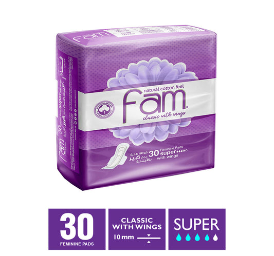 فوط فام كلاسيك بأجنحة بملمس قطني طبيعي، ماكسي سميك، صحية للغاية، 30 قطعة