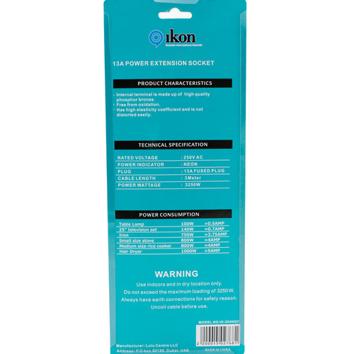 Ikon 4 Way Extension Socket, 3250W, 3m Cable Length, IK-204NGC