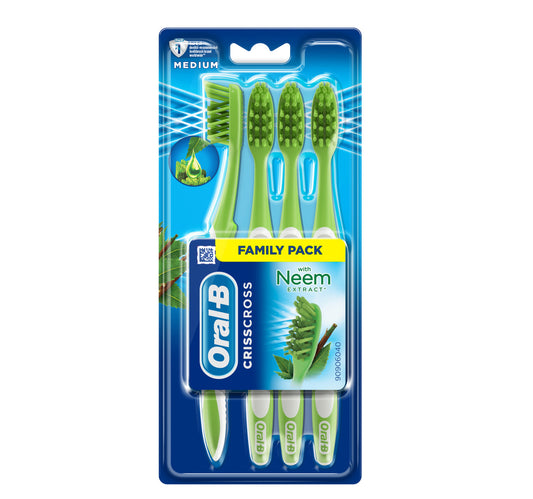 فرشاة أسنان أورال-بي كريس كروس يدوية بخلاصة النيم متوسطة الحجم، ألوان متنوعة، 4 قطع