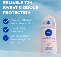 Nivea Pearl & Beauty Antiperspirant Deodorant for Women 72H Active Protection with Pearl Extract and Avocado Oil Roll-on 50 ml