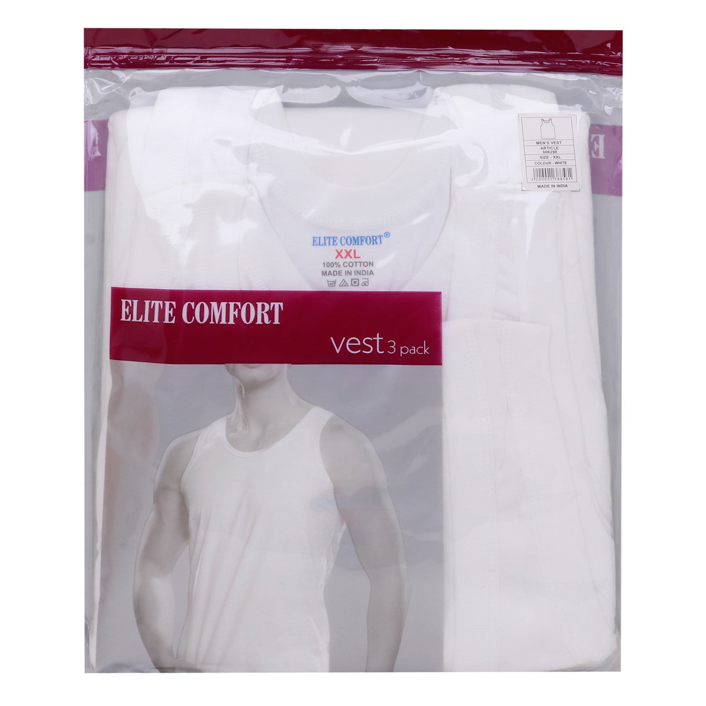 Elite Comfort Cotton Men's Vest, 2XL, 3 pcs, White, ELXVW