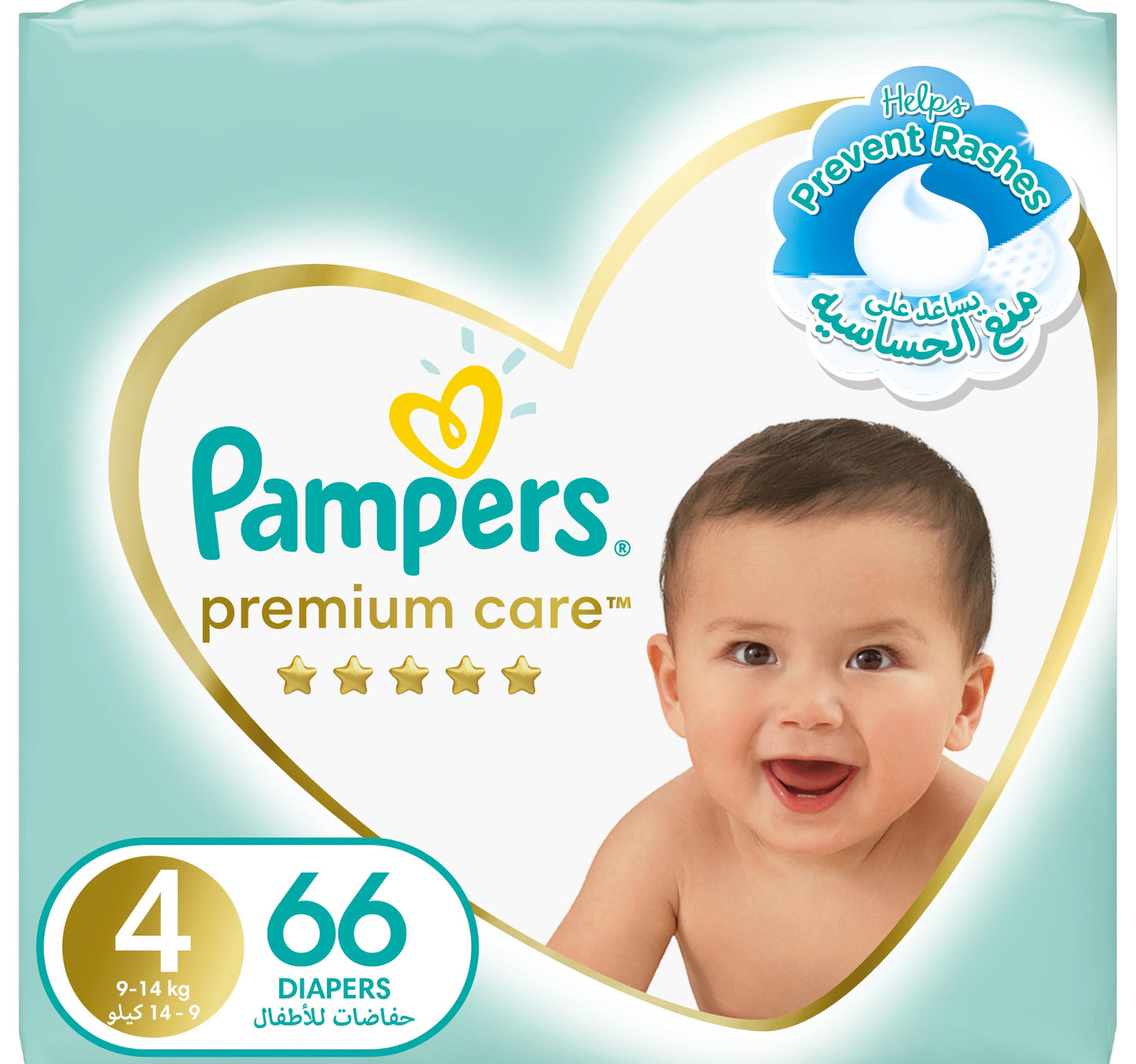 حفاضات بامبرز بريميوم كير للأطفال بشريط لاصق مقاس 4، 9-14 كجم، امتصاص فائق النعومة لحماية فائقة للبشرة، 66 قطعة